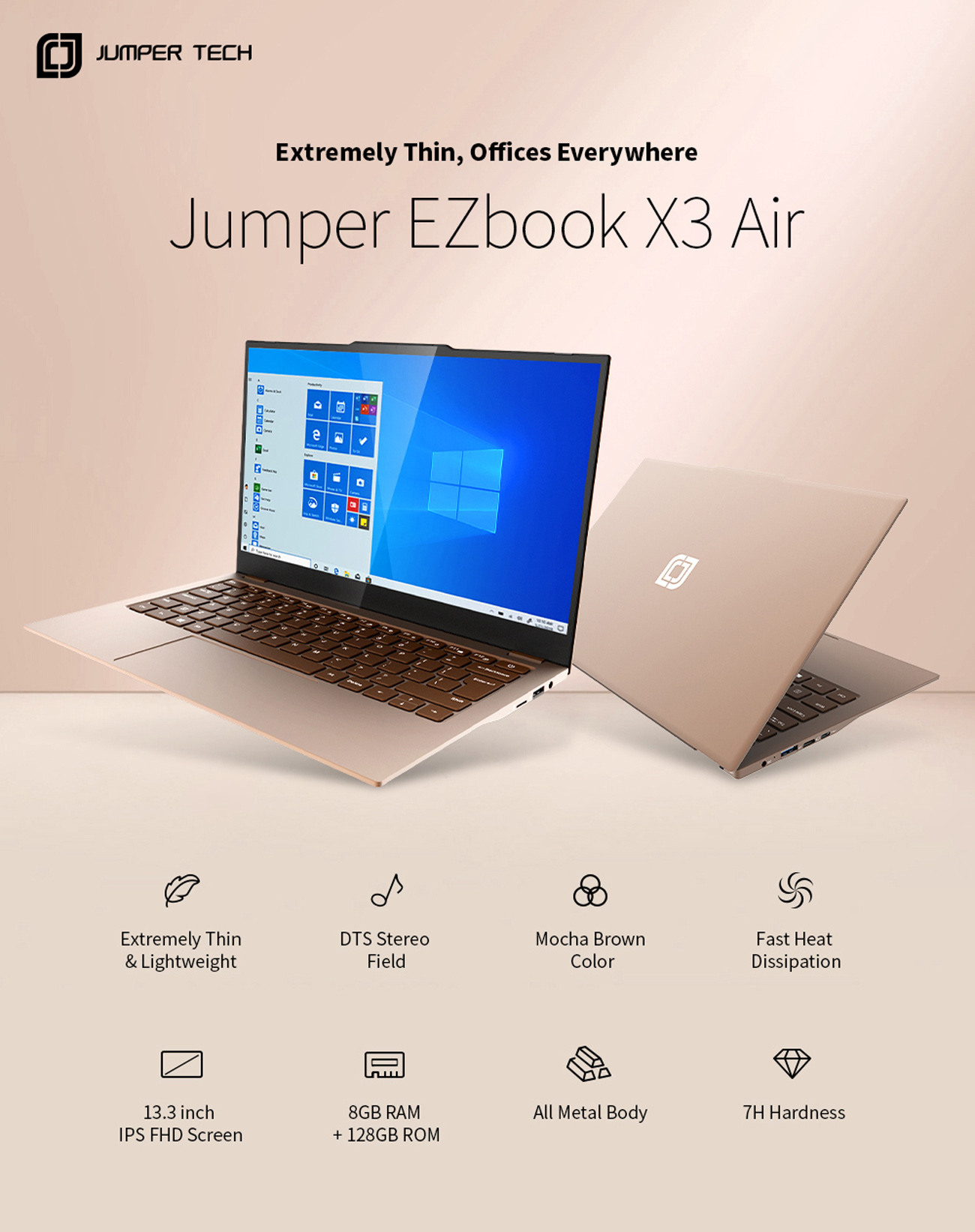 Jumper EZbook X3 Air Laptop 13.3inch 1080P FHD IPS Screen Intle N4100 8GB  DDR4 128GB SSD 1.1cm Ultra-thin design DTS Sound Ultrabook Notebook Mocca